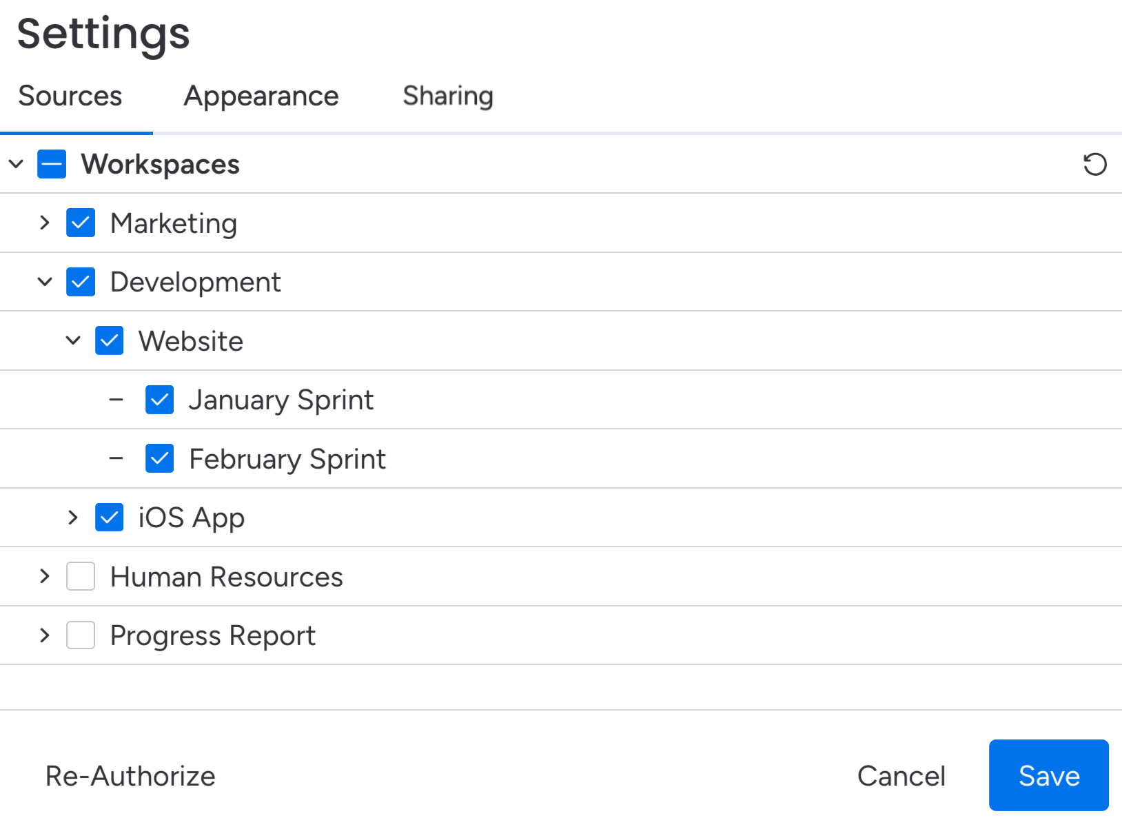 Select sources dialog screenshot